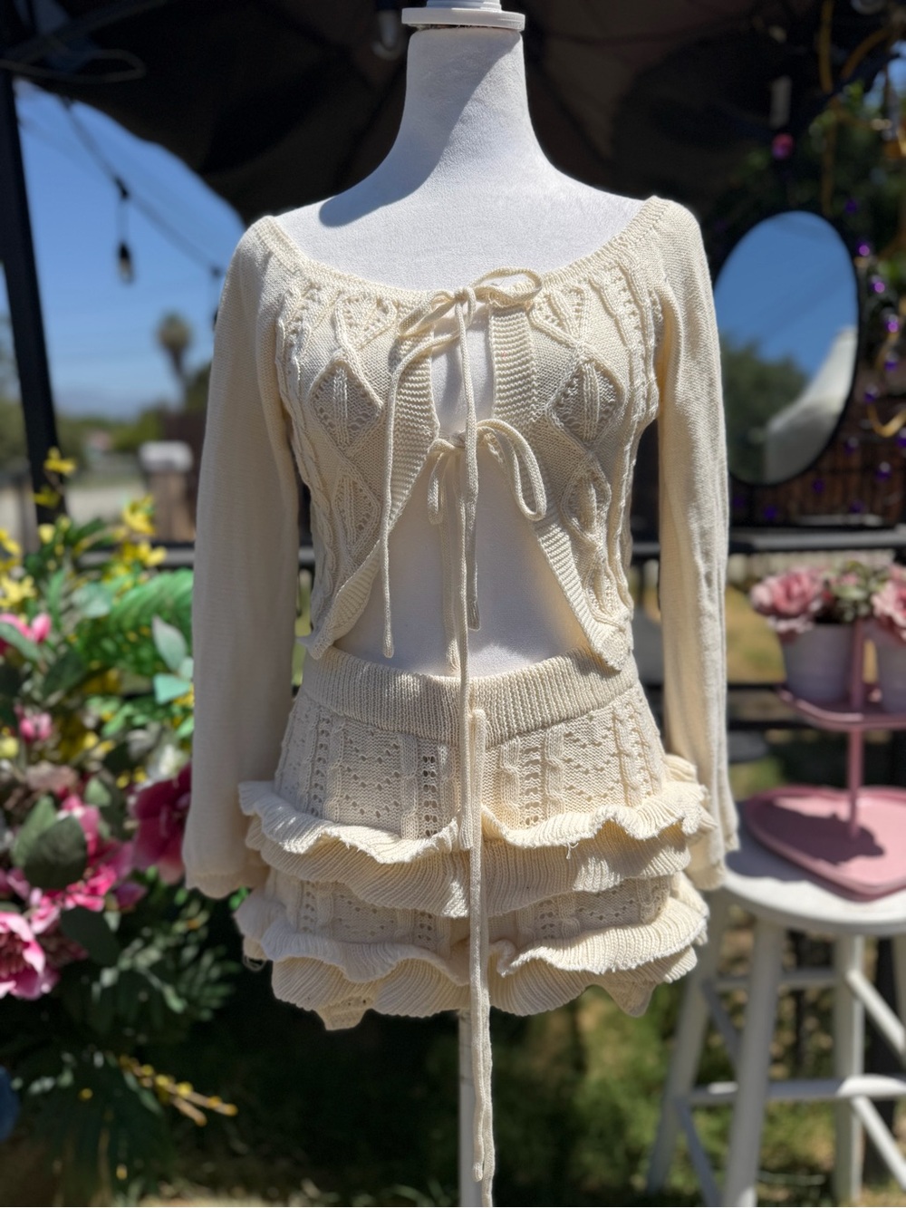 Othr Cream Knit Tiered Ruffle Shorts Set